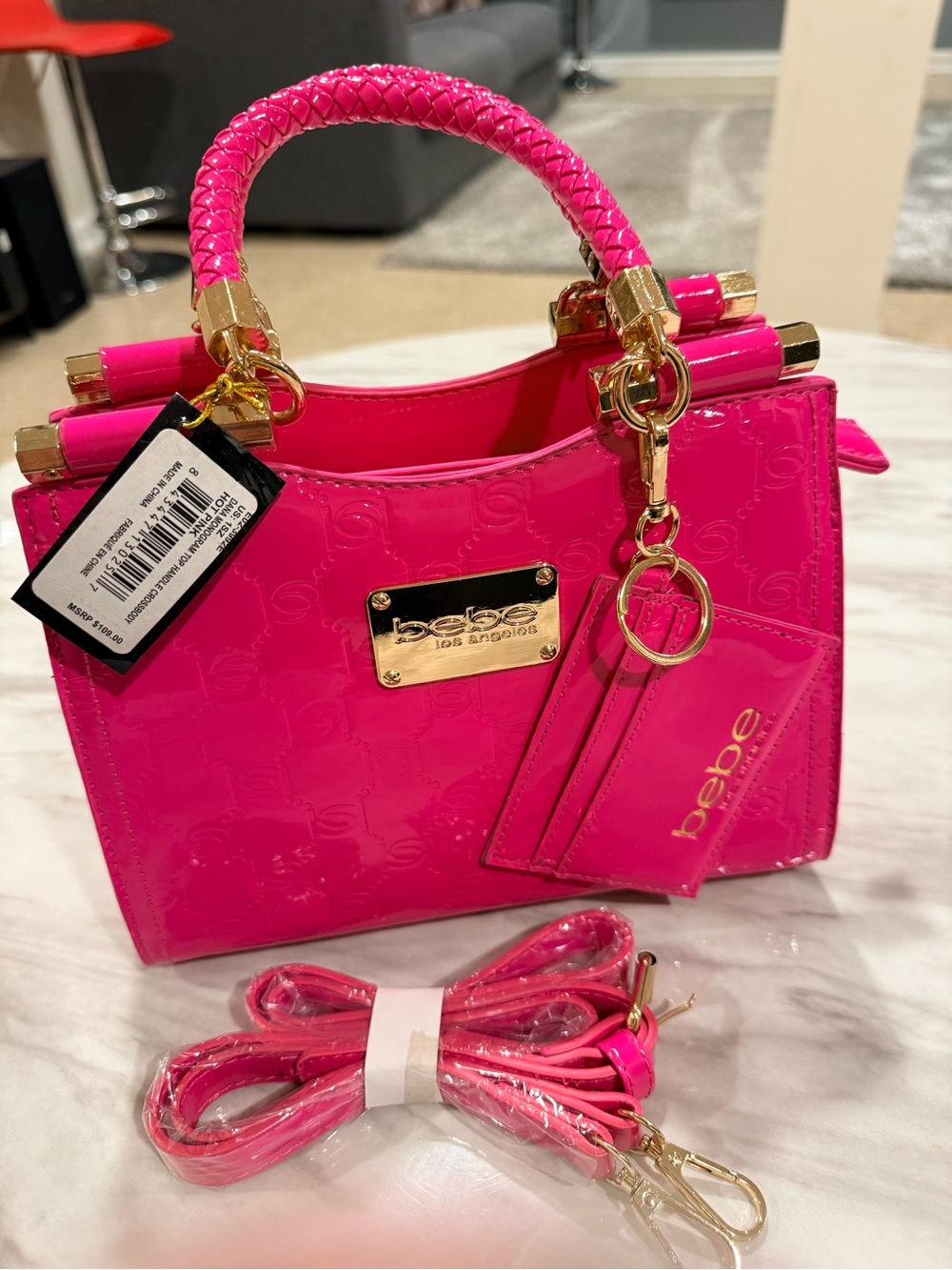 NWT BEBE DANA MONOGRAM TOP HANDLE CROSSBODY HOT PINK BAG W CARD HOLDER - Picture 5 of 6